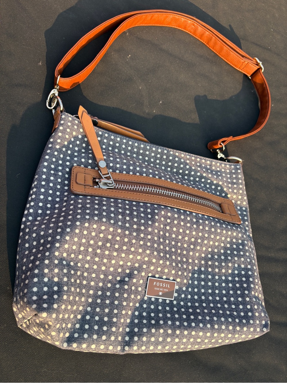 Fossil Polka Dot Crossbody Shoulder Bag with Brown Faux Leather Trim